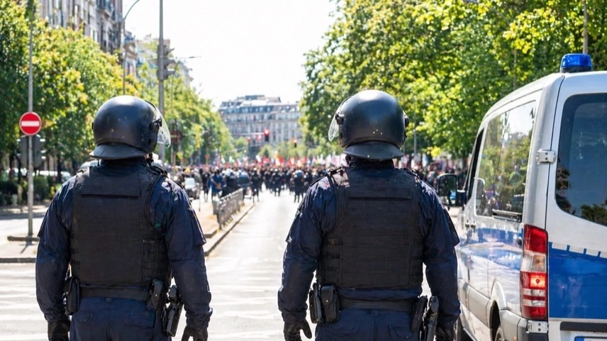 Polizei sichert Demonstration am 1. Mai in Berlin mit Einsatzfahrzeugen und Absperrung in Kreuzberg