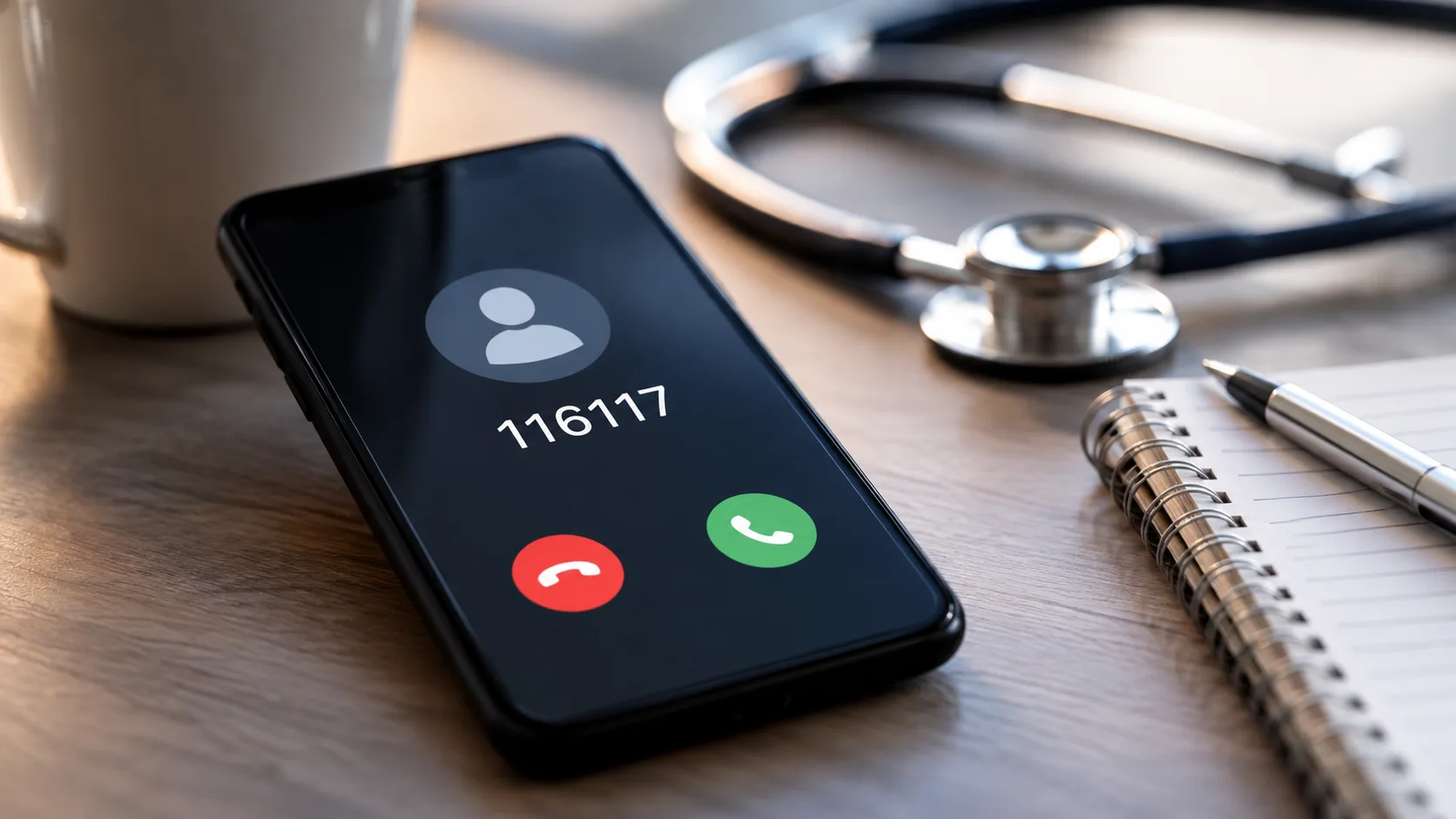 Smartphone mit eingehendem Anruf auf einem Schreibtisch neben Notizblock und Kugelschreiber.
