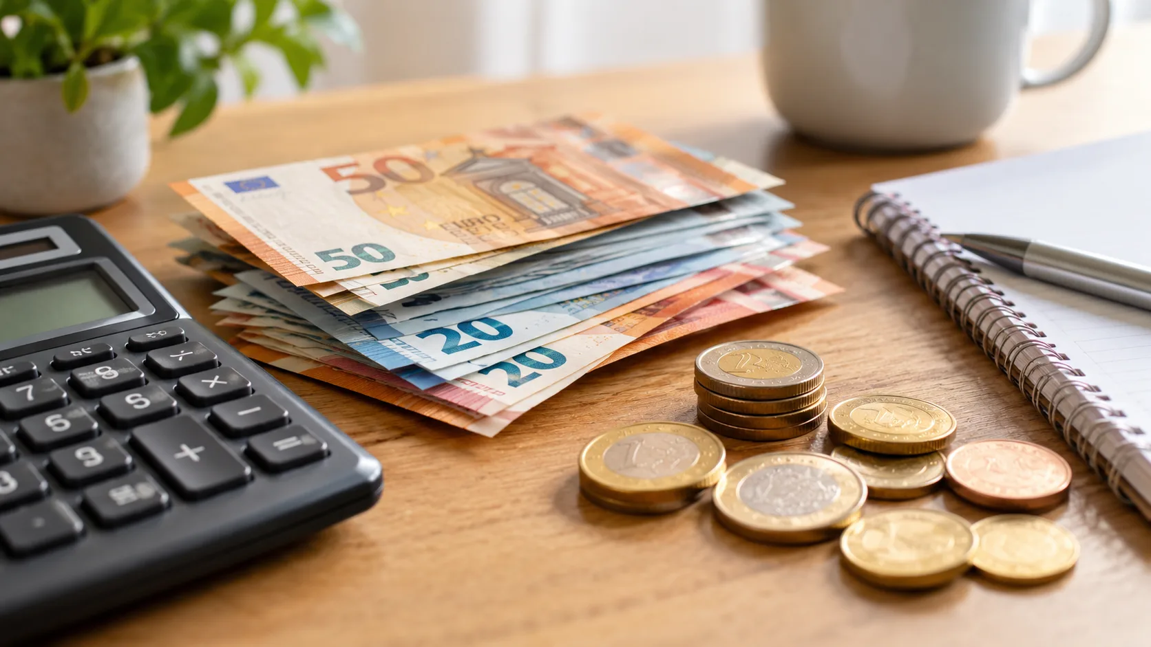 Taschenrechner, Euro-Banknoten und Münzen auf einem Schreibtisch zur Berechnung der Nettorente.