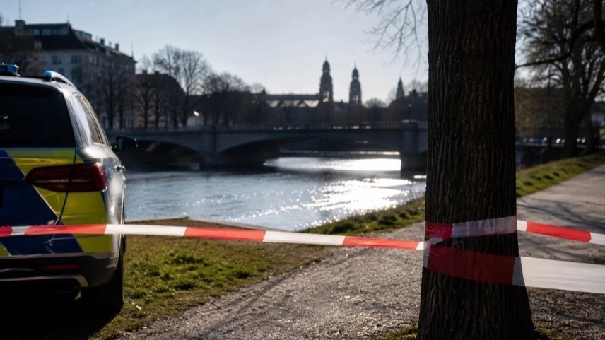 Polizeieinsatz an der Isar in München nahe der Ludwigsbrücke mit Absperrung am Flussufer