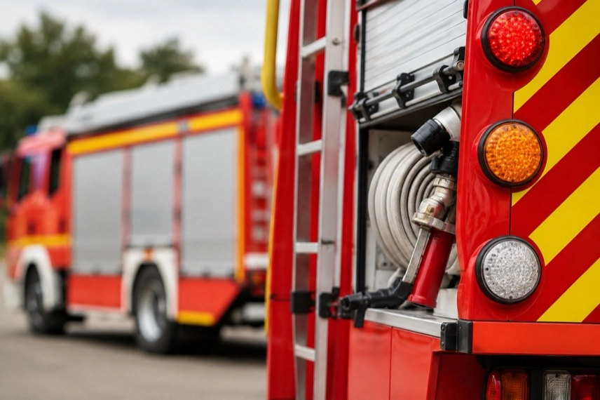 Generisches hochgeländegängiges Feuerwehrfahrzeug auf unbefestigtem Gelände als Symbol für 80 Jahre Unimog.