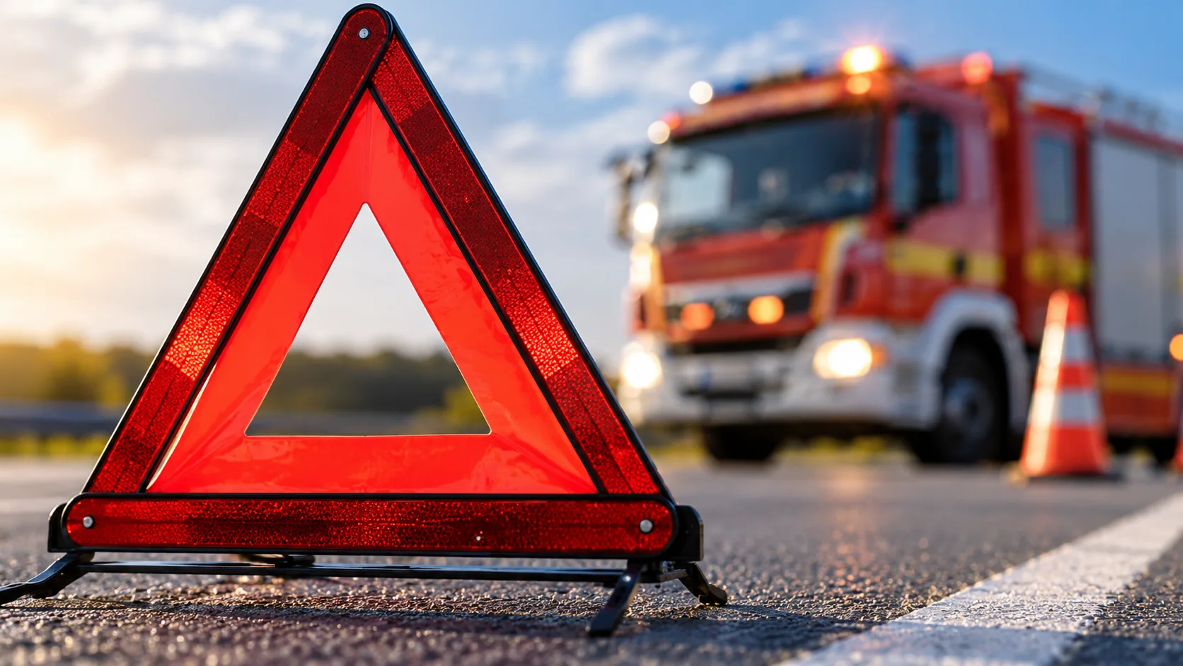 Rotes Warndreieck auf einer Fahrbahn, im Hintergrund ein unscharfes Feuerwehrfahrzeug und Leitkegel
