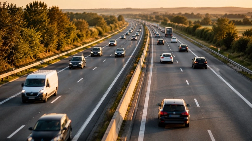 Autobahn mit Umleitungsbeschilderung und fließendem Verkehr als Symbol für Pendlerverkehr und A39-Sperrung