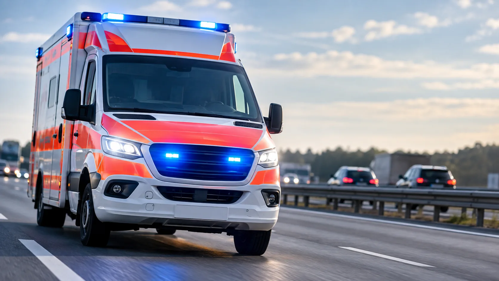 Neutrales Rettungsfahrzeug an einer Autobahn mit Fahrbahn und Leitplanke im Hintergrund.