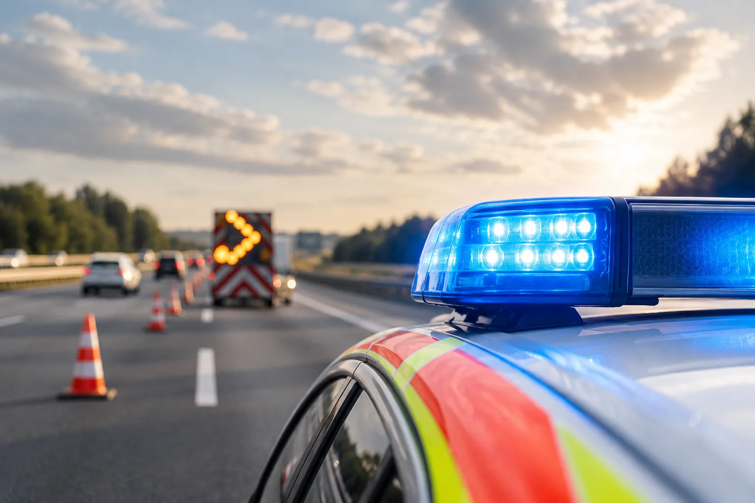 Neutrales Rettungsfahrzeug auf einer Autobahn mit Leitplanke und Fahrbahnmarkierungen im Hintergrund.