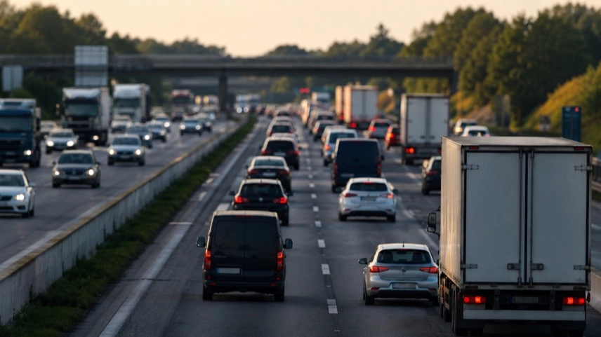 Verkehr auf der Autobahn 81 mit Fahrzeugen und digitaler Verkehrstafel im morgendlichen Berufsverkehr