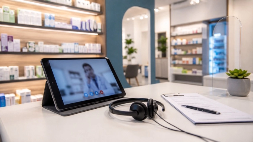 Beratungsbereich in einer Apotheke mit Tablet für Telemedizin und Videosprechstunde im Gesundheitswesen