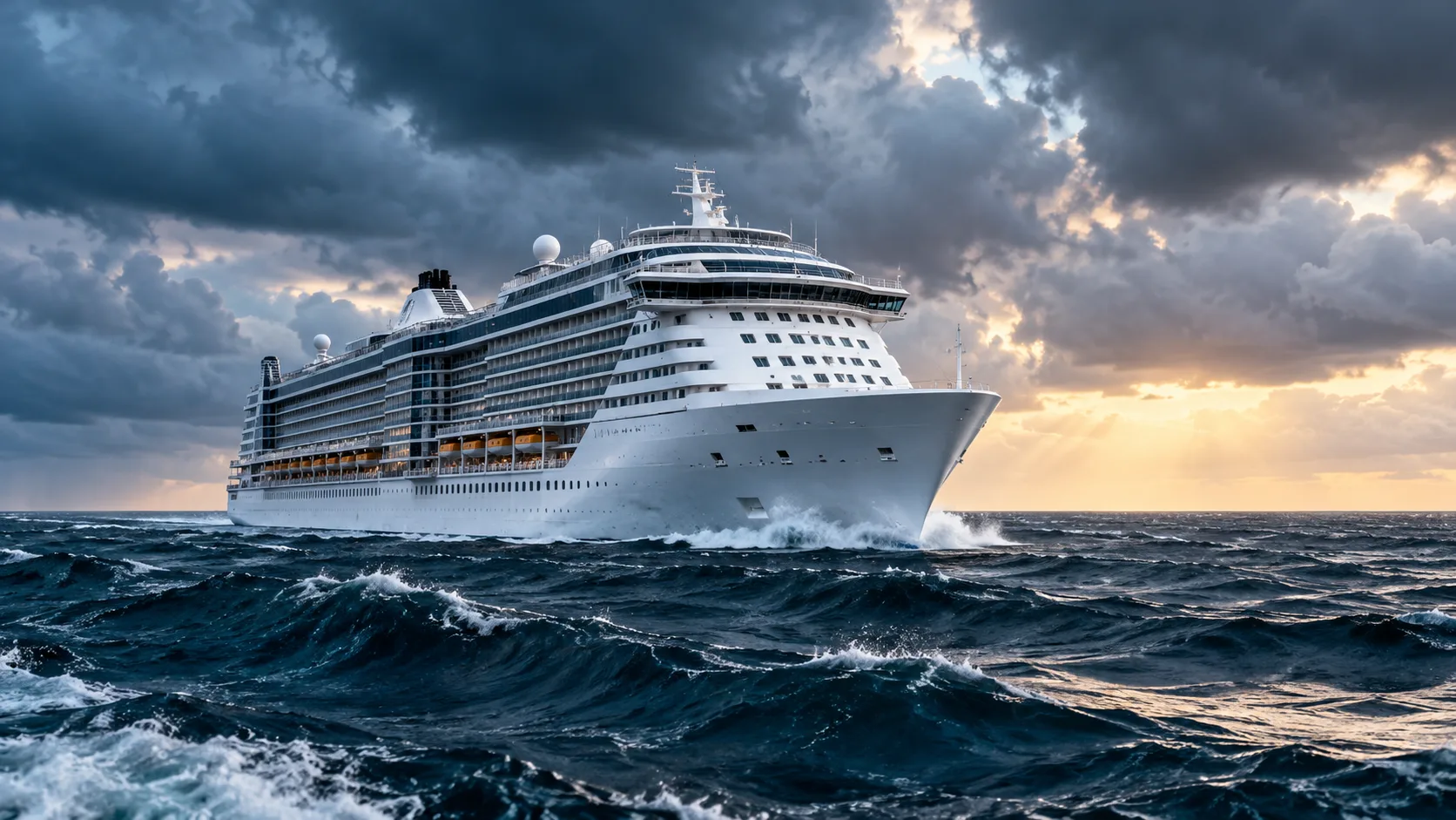 Weißes Kreuzfahrtschiff ohne Reedereilogo auf bewegter See unter dunklen Wolken.
