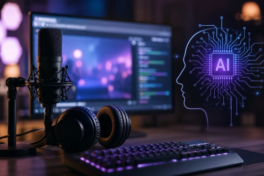 Monitor mit Livestream, Chat und abstrakten Datenströmen zum Training generativer KI-Modelle.