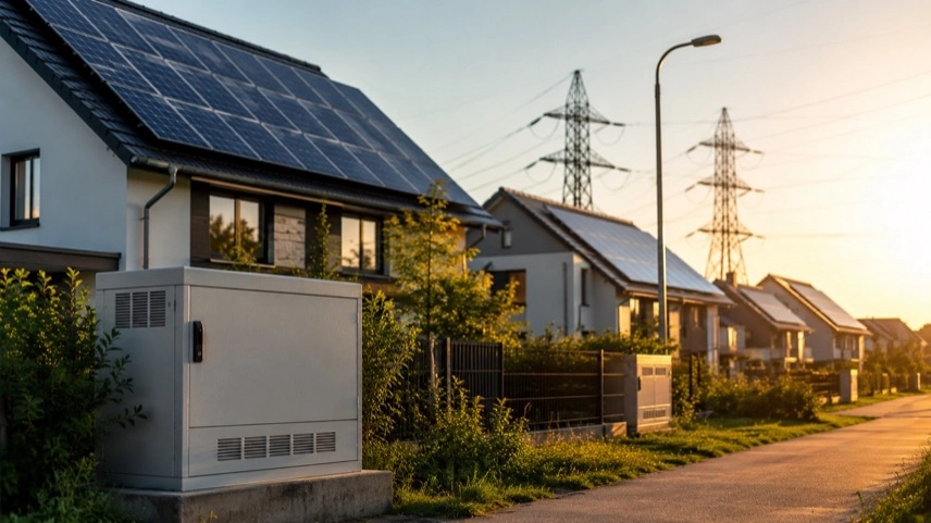 Wohnsiedlung mit Photovoltaikanlagen auf Hausdächern, Stromverteilerkasten und lokaler Stromnetz-Infrastruktur