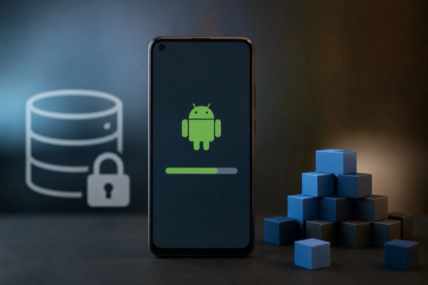 Smartphone mit App-Symbolen und Anzeige zur RAM-Nutzung als Darstellung der Speicherverwaltung unter Android 17.