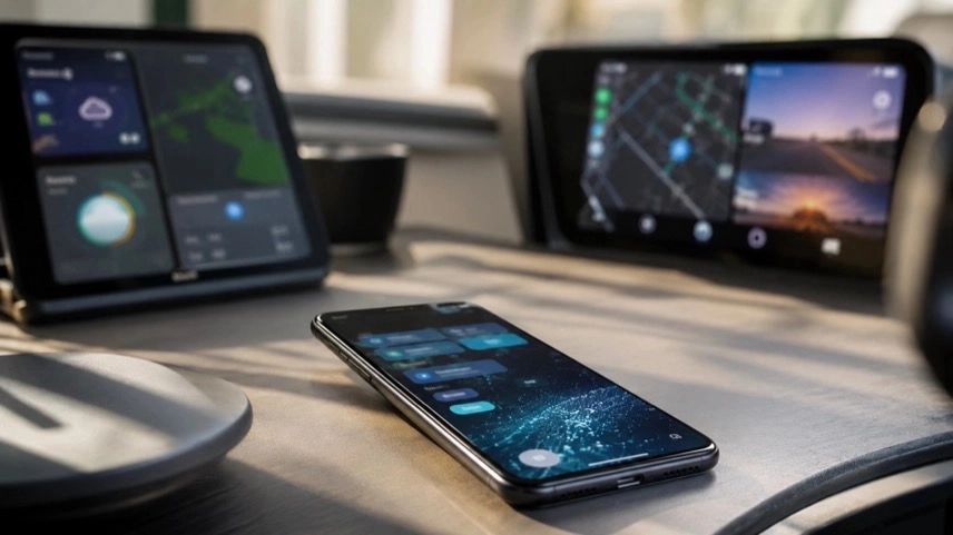 Modernes Android-Smartphone mit KI-Oberfläche und vernetzten digitalen Geräten in futuristischer Umgebung