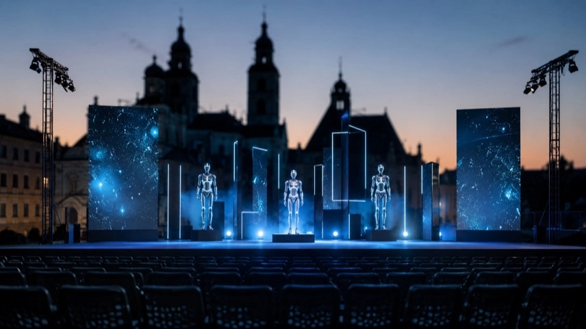 Freilichtbühne mit futuristischen Figuren-Silhouetten und Zuschauerreihen als Symbol für Open-Air-Theater in Konstanz