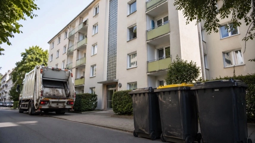 Müllfahrzeug und Mülltonnen vor Mehrfamilienhaus in Kaiserslautern, Blick auf offene Fenster in Wohnstraße