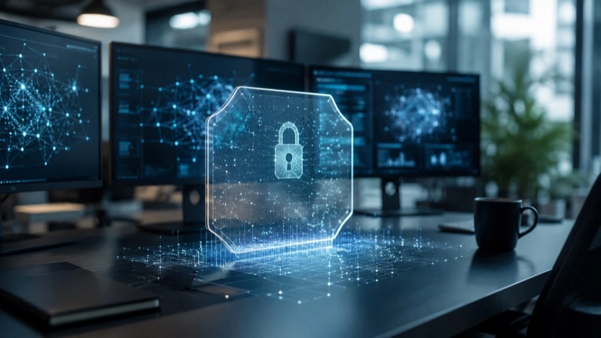 Digitale KI-Visualisierung mit Datennetzwerken, Bildschirmen und Sicherheitslayer für moderne KI-Modelle