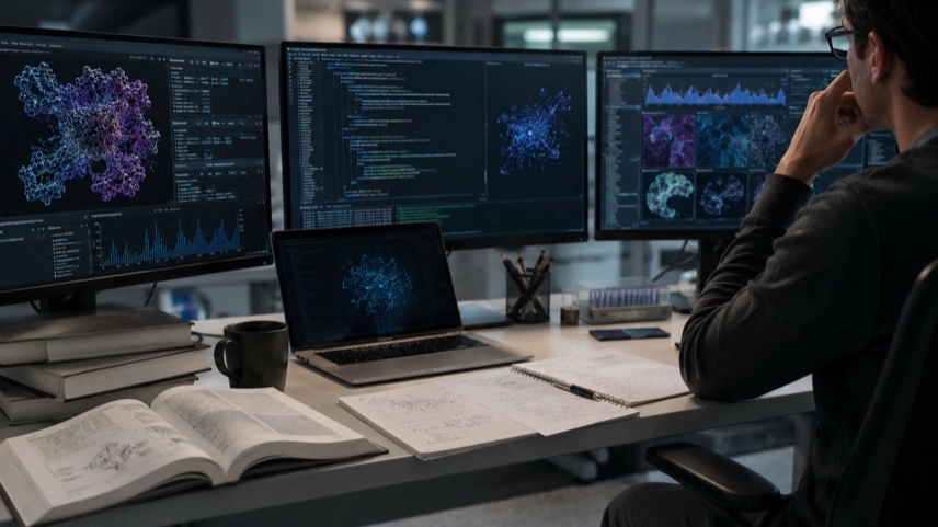 Moderner Forschungsarbeitsplatz mit Bildschirmen für Datenanalyse, Programmcode und Claude Science als KI-Plattform für Wissenschaft