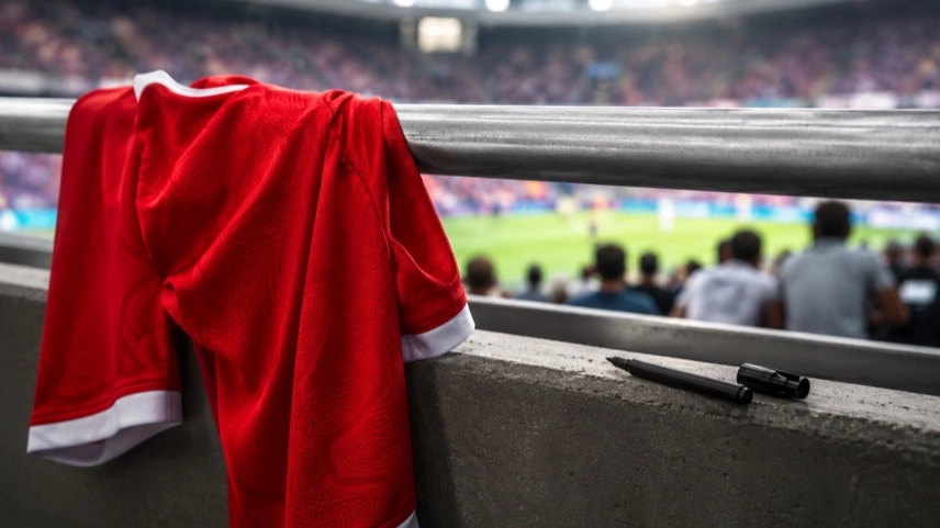 Fußballtrikot mit Autogrammstift in einem Stadionbereich, Symbol für Fans, Nationalmannschaft und Autogrammwünsche