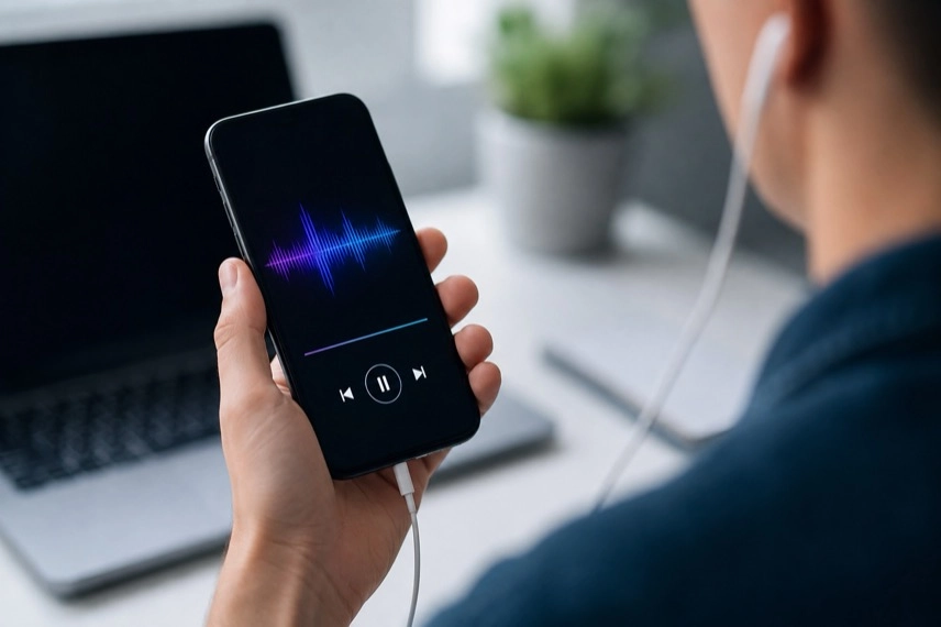 Smartphone, Kopfhörer und Laptop mit abstrakten Musikdaten und einer neutralen KI-Kennzeichnung.