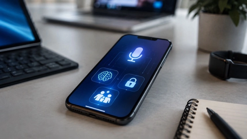 Smartphone mit Symbolen für Siri, Apple Intelligence, Kinderschutz und iOS 27 auf einem Schreibtisch