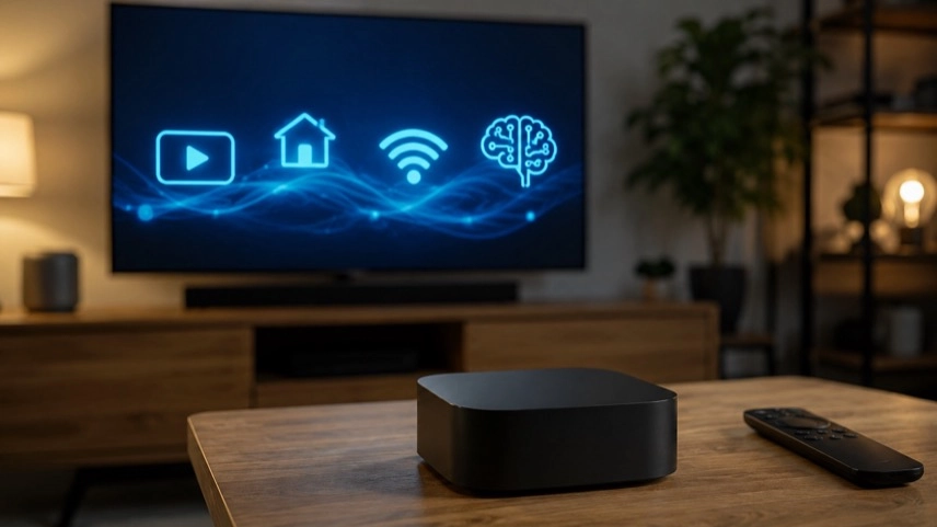 Streaming-Box vor Fernseher mit Symbolen für Apple TV, Smart Home, WLAN und künstliche Intelligenz im Wohnzimmer