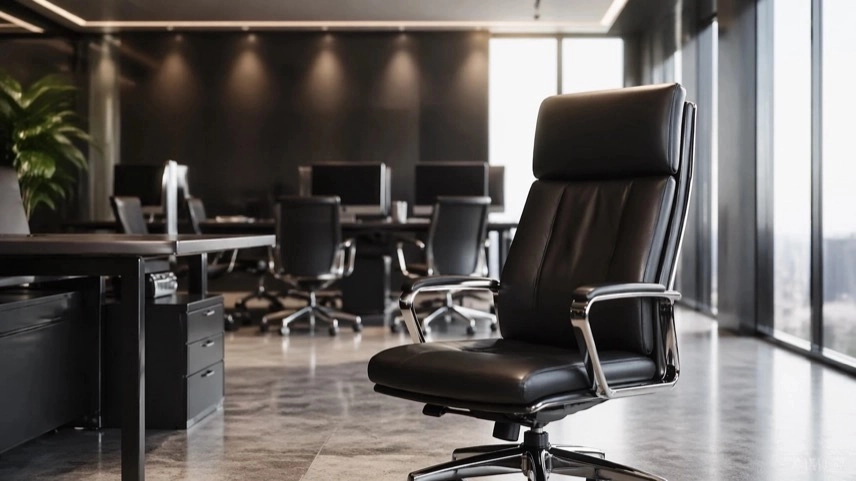 Leerer Chefsessel in modernem Büro mit Bildschirmen im Hintergrund, Symbol für Führungswechsel bei Apple und neue Unternehmensführung