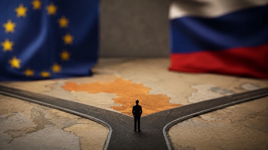 Weggabelung vor stilisierter Karte des Südkaukasus mit symbolischen Farben für Armenien, EU und Russland