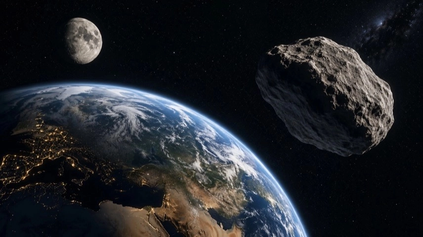 Asteroid nahe der Erde im Weltraum mit Mond und Sternenhimmel während eines astronomischen Vorbeiflugs
