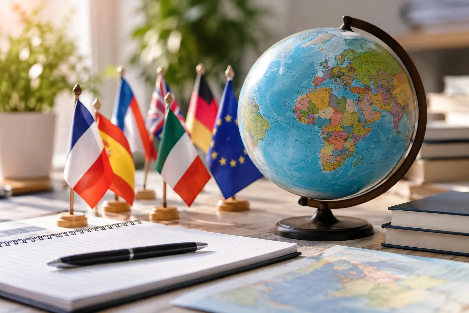 Anmeldeunterlagen, Weltkugel und internationale Fähnchen auf einem Tisch