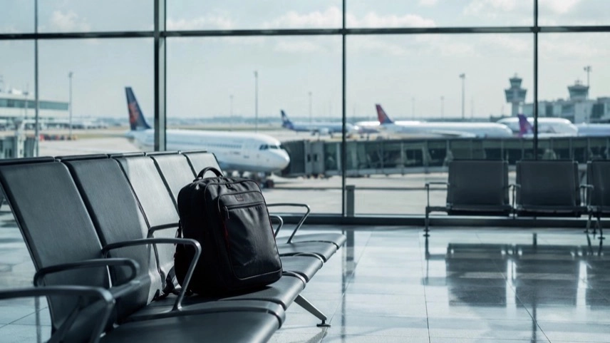 Leerer Flughafen-Wartebereich mit Reisetasche und Flugzeugen wegen aktueller Reisewarnungen im Nahen Osten