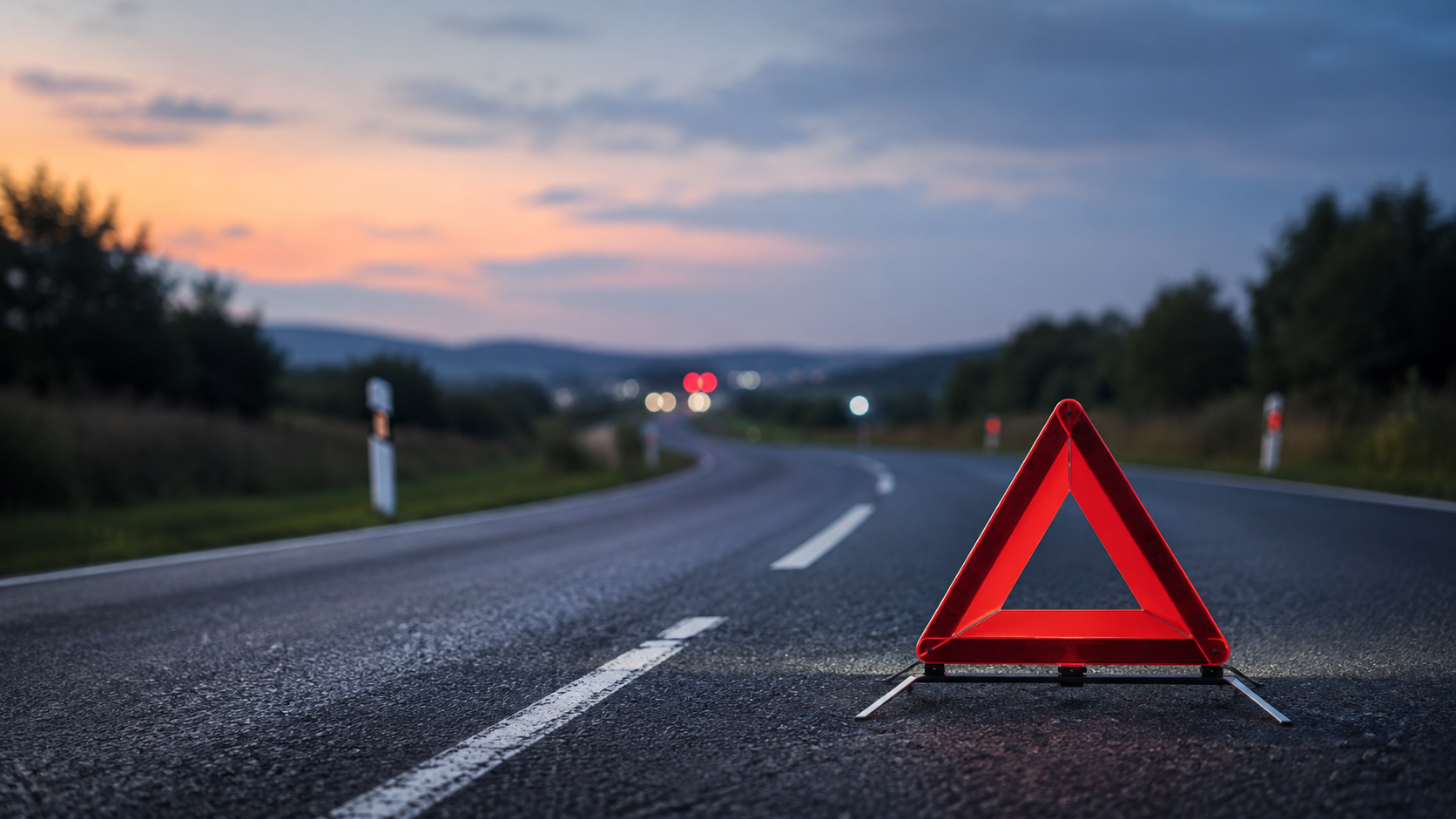 Bundesstraße mit Fahrspuren und Warndreieck als neutrales Motiv zum Verkehrsunfall auf der B470