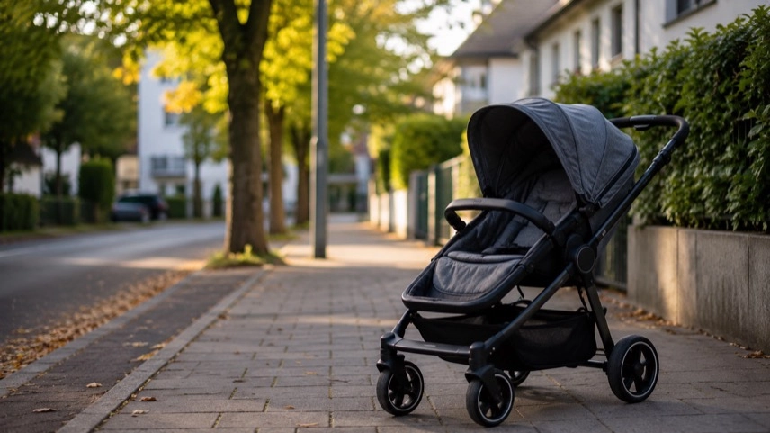 Leerer Kinderwagen auf einem Gehweg in einem Wohngebiet mit Wohnhäusern und Bäumen im Hintergrund