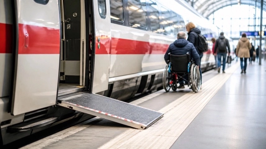 ICE am Bahnsteig mit Rampe für Rollstuhl Einstieg, Bahnverkehr Verspätung und Barrierefreiheit Situation