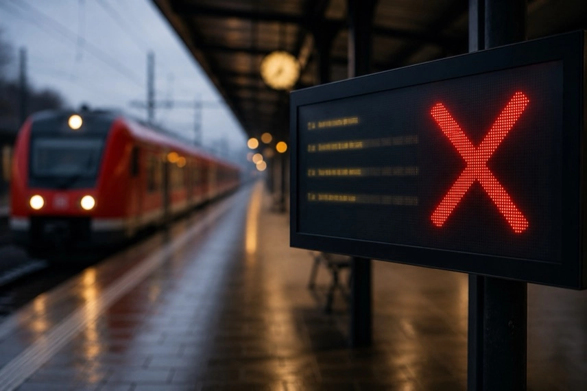 Regionalzug an einem Bahnsteig mit Gleisen und Anzeigetafel als Motiv für Zugausfälle rund um Hamburg.