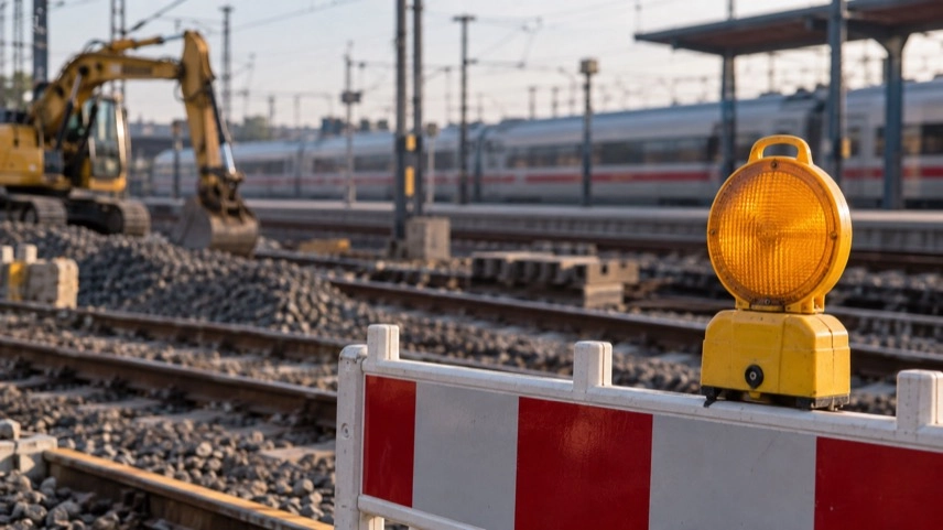 Bahnsteig mit Regionalzug und Gleisarbeiten als Motiv für Zugausfälle im Bahnverkehr rund um Karlsruhe
