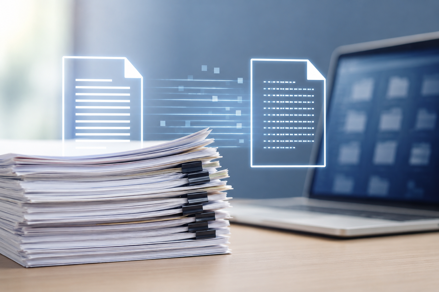 Laptop und mehrseitige Dokumente mit Text und Tabellen zur Veranschaulichung von Unlimited-OCR und KI-gestützter Dokumentenanalyse.
