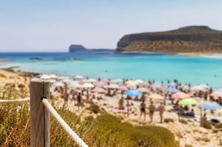 Viele Urlauber an einem mediterranen Strand mit türkisfarbenem Wasser und kleinem Bootsanleger.