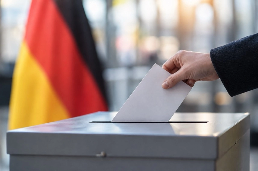 Wahlurne und Stimmzettel als neutrales Motiv zur Berlin-Wahl und zum engen Rennen zwischen Linken und CDU