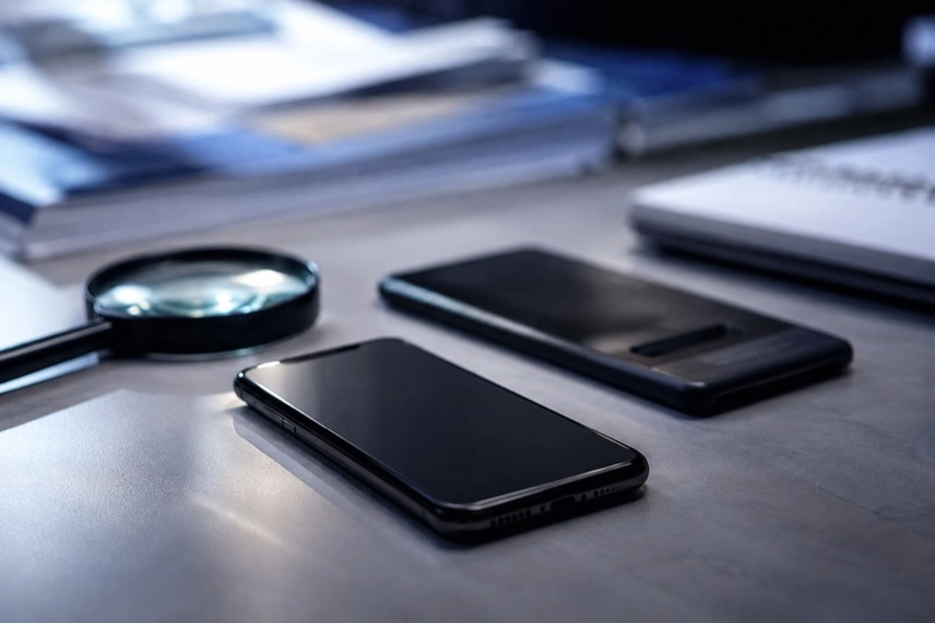 Zwei anonyme Smartphones auf einem Schreibtisch mit Dokumenten zu digitalen Ermittlungen beim Berliner CSD-Anschlag