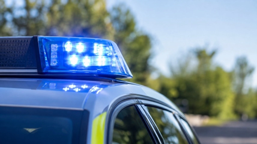 Blaues Warnlicht auf einem neutralen Polizeifahrzeug vor einem unscharfen Hintergrund.