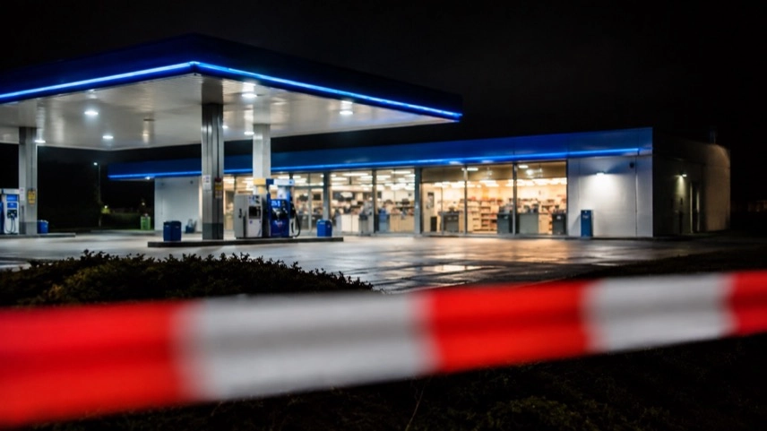 Beleuchtete Tankstelle bei Nacht mit Eingangsbereich und Verkaufsraum als Motiv zum Thema Tankstellenüberfall und Fahndung