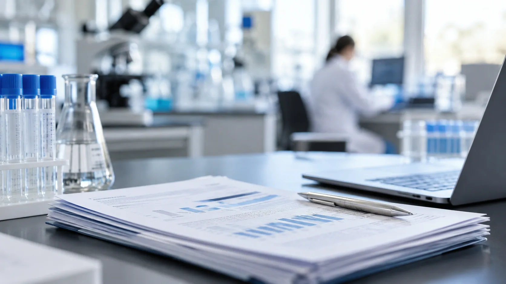 Arbeitsplatz mit Dokumenten und Laptop vor einer neutralen biotechnologischen Laborumgebung.