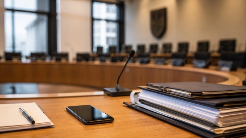 Smartphone auf einem Sitzungstisch in einem Gemeinderatssaal mit Akten und Unterlagen zur Kommunalpolitik