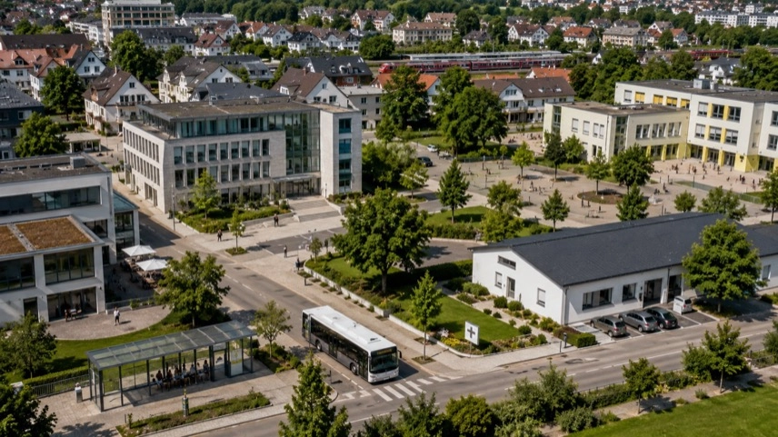 Öffentliche Einrichtungen in einer deutschen Stadt mit Schule, Arztpraxis, Wohngebäuden und Verkehrsanbindung