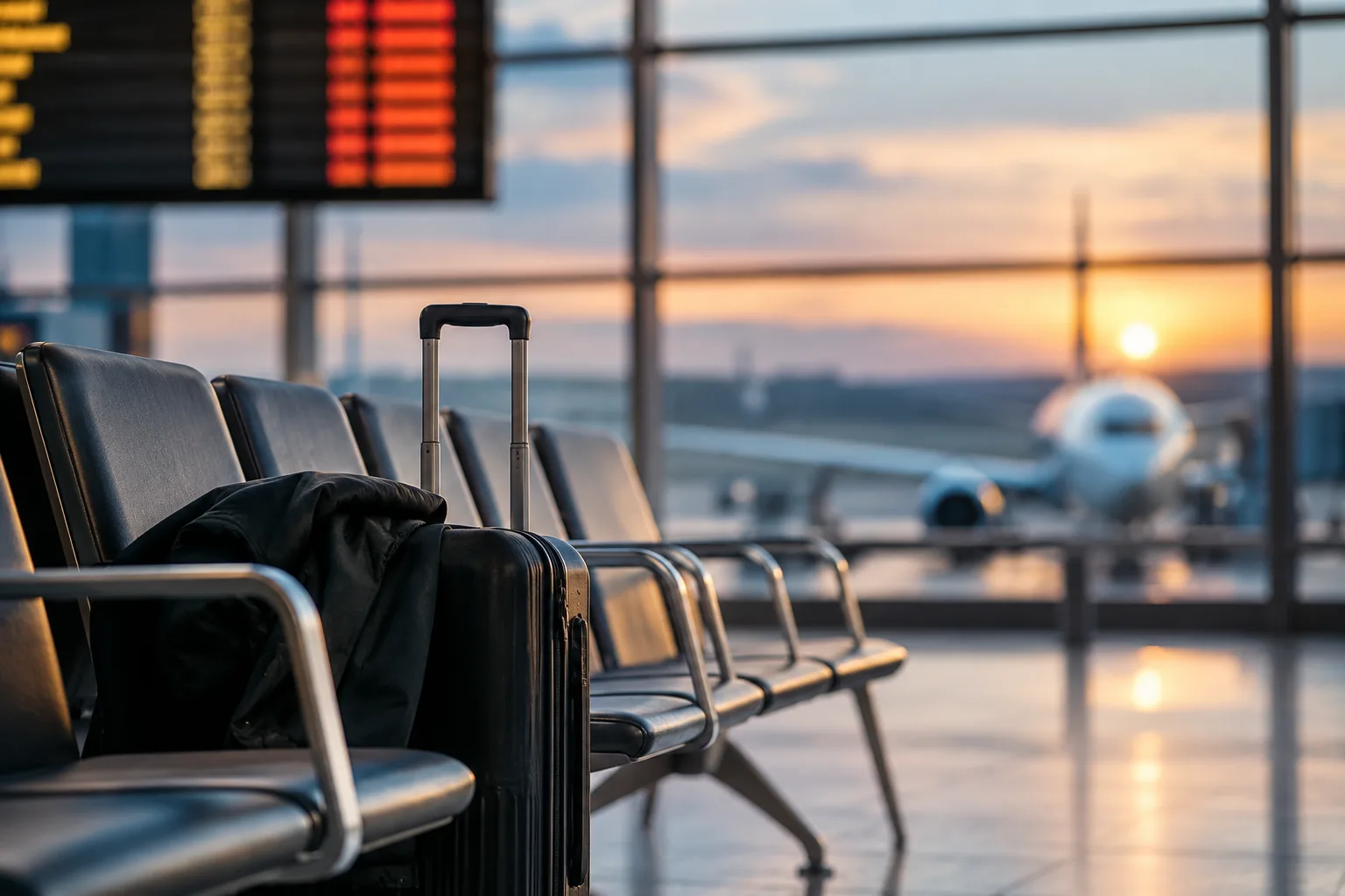 Flughafen-Wartebereich mit Sitzplätzen, Anzeigetafel und Flugzeug im Hintergrund