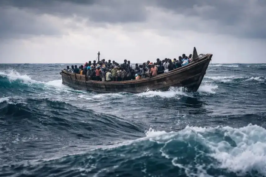 Überfülltes Boot auf rauer See im Indischen Ozean bei starkem Wellengang während eines Flüchtlingsunglücks