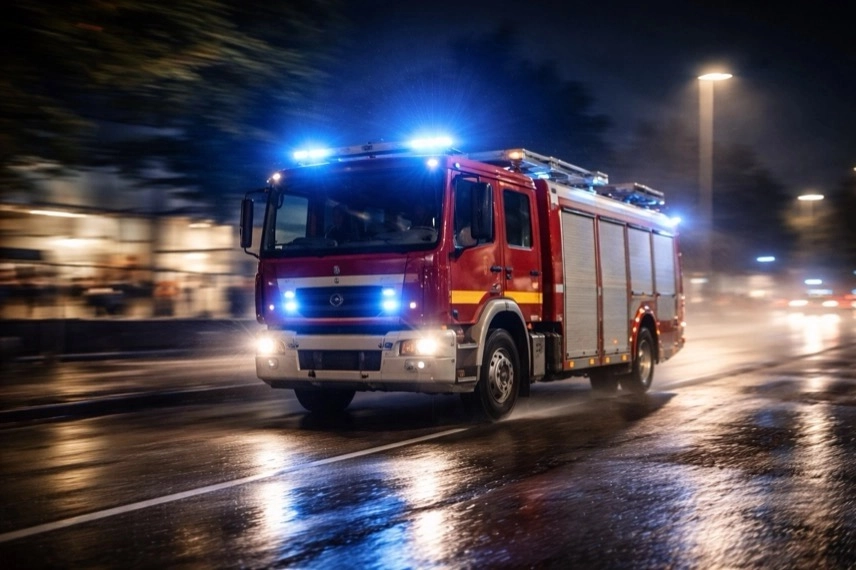 Feuerwehr sichert ausgebrannte Containeranlage nach Brand in Unterkunft in Raunheim bei Nacht mit Rauch und Einsatzfahrzeugen