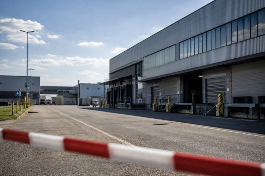 Absperrbaken vor modernen Lagerhallen auf einem Industriegelände bei Tageslicht als Symbol für Ermittlungen nach einem Brand.