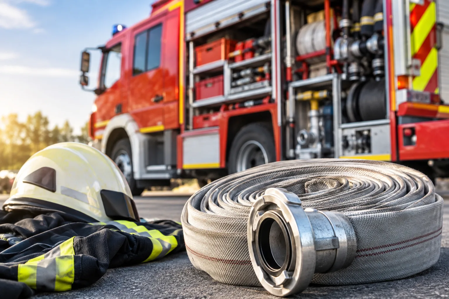 Feuerwehrfahrzeug mit Löschschlauch und Feuerwehrausrüstung auf einer freien, befestigten Fläche.