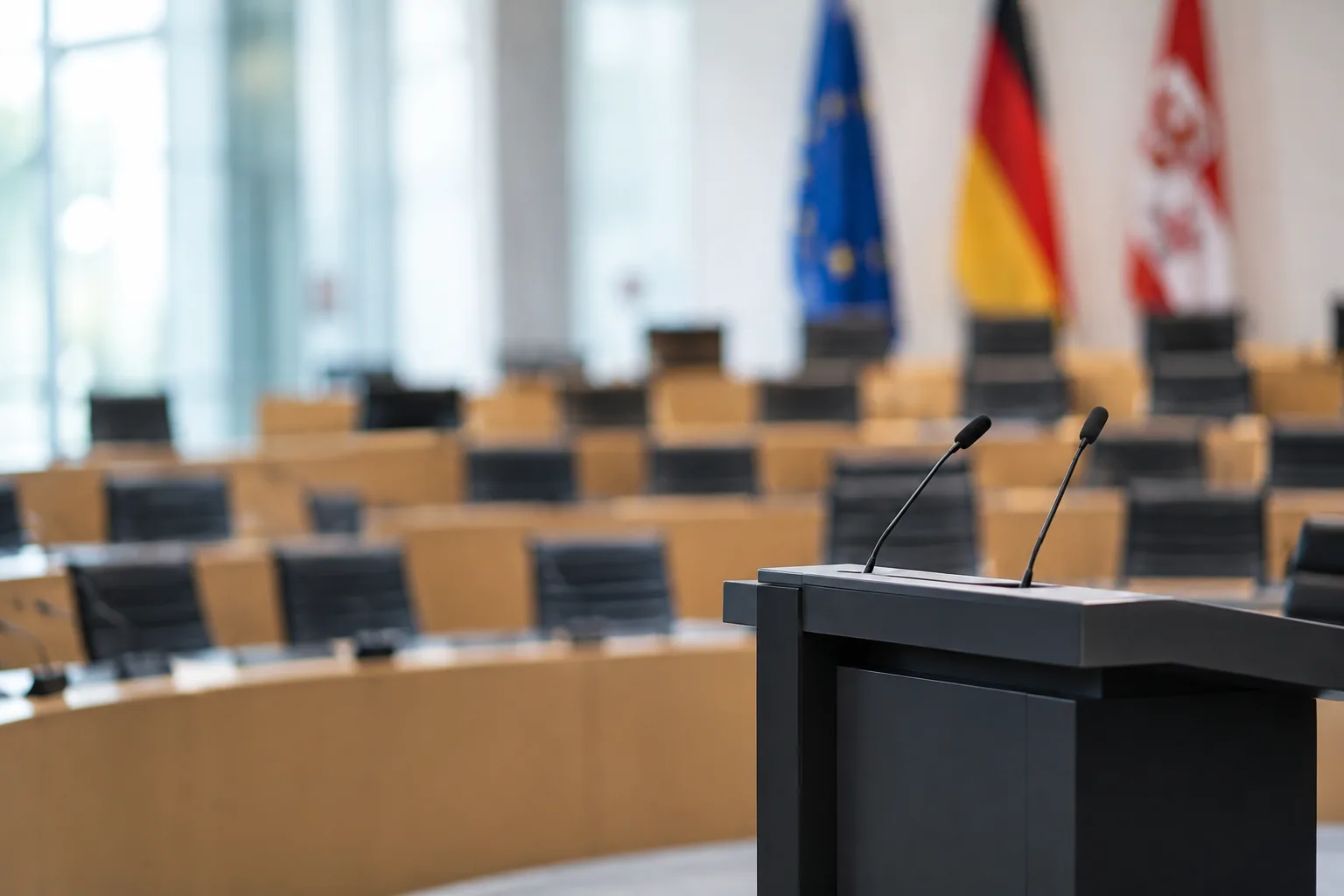 Leerer politischer Sitzungssaal mit Rednerpult und Stuhlreihen als Motiv zur Landespolitik in Brandenburg.