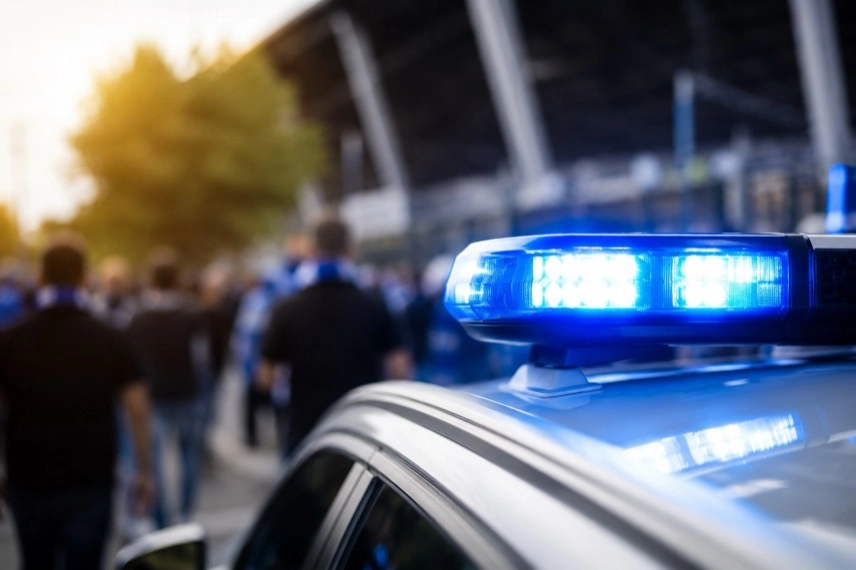 Abgesperrter Zugang und Ordnerbereich in einem neutralen Fußballstadion ohne erkennbare Vereinslogos oder Personen.